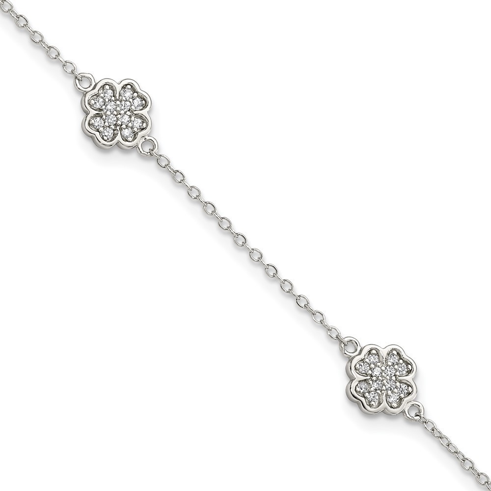 925 Sterling Silver Polished CZ Four Leaf Clover Shamrock 7in Bracelet